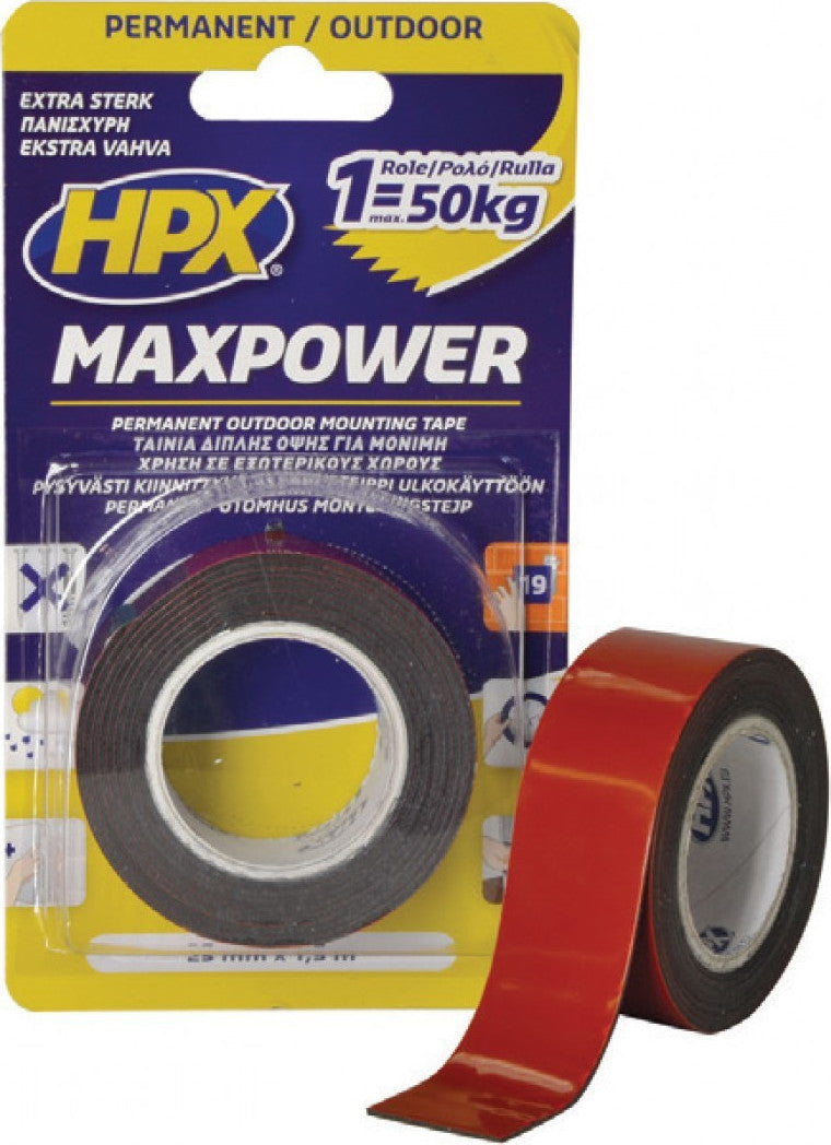 HPX Max Power Outdoor Black Αυτοκόλλητη Ταινία Διπλής Όψης Μαύρη 25mmx1.5m